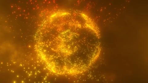 Exploding abstract sphere made of glowing orange and yellow particles 库存插图