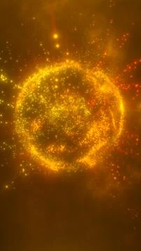 Exploding abstract sphere made of glowing orange and yellow particles in a da 库存照片