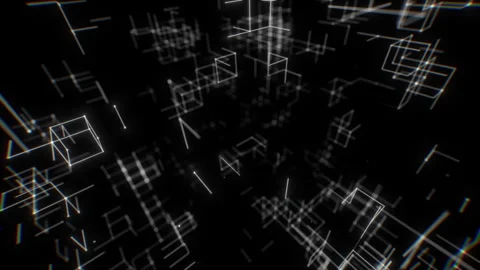 Exploding Abstract White Wireframe Cubes in Digital Depth. Looped 3D rendering Stock Footage 327902881