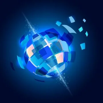 Exploding ball with 360 degrees flying parts, pieces on blue background. Vect 스톡 일러스트