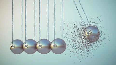 Exploding ball in Newton's cradle, 3d rendering Illustrazione stock