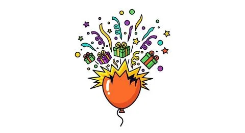 Exploding Balloon With Gifts, Confetti, And Streamers - Celebration Surprise 库存插图