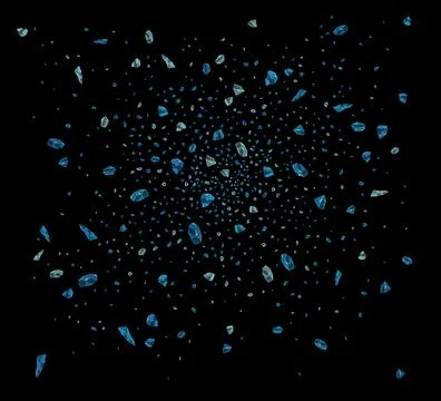 Exploding blue crystals scattering on black background Stockillustratie