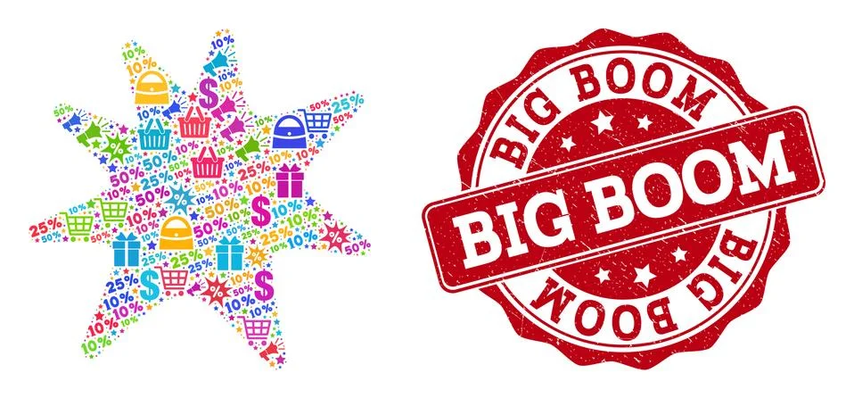 Exploding Boom Collage of Mosaic and Grunge Seal for Sales Stock Illustration