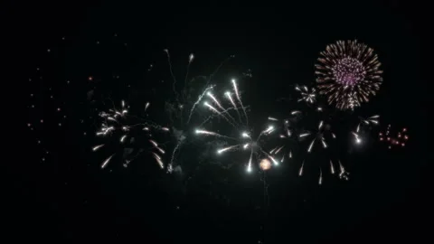 Exploding colorful fireworks on a dark night sky Video stock 249902734