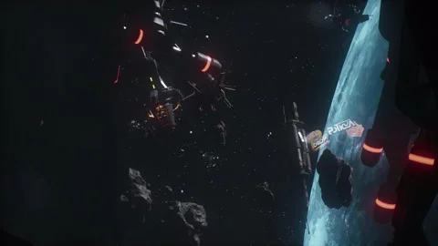 Exploding energy sources and Space Combat Use Armed Starships In Dogfight 04 스톡 동영상 219906850