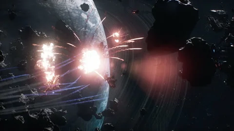 Exploding energy sources and spaceships attack on space settlements 02 Video stock 219908058