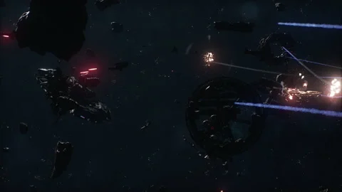 Exploding energy sources and spaceships attack on space settlements 05 스톡 동영상 219909950