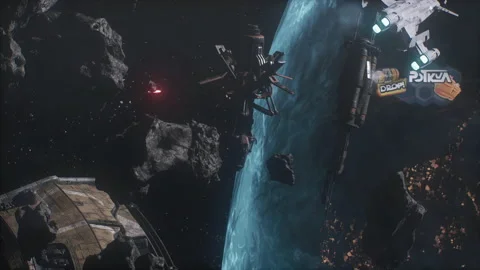 Exploding energy sources and Starships attack trade mining factories 01 動画素材 219910752