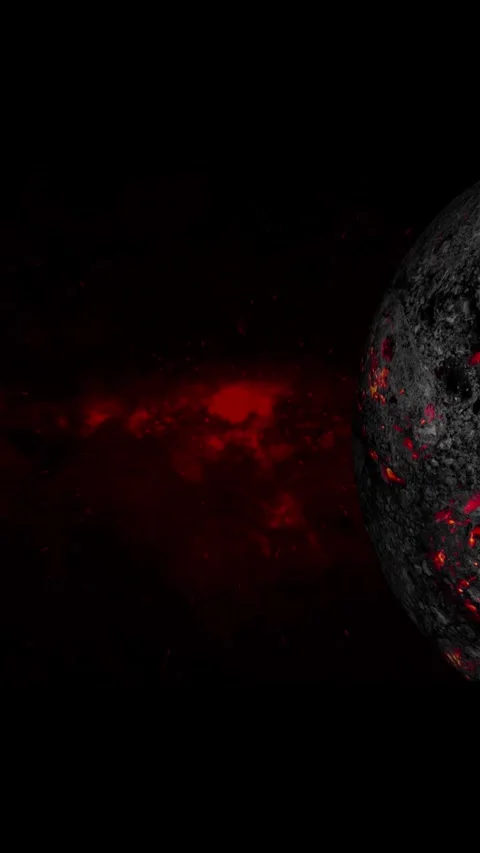 Exploding fiery planet with glowing lava cracks. Exploding fiery planet cos.. Stockbeeldmateriaal 345719742