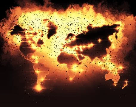 Exploding Fire World Map Continental Particles Background 3D Illustration Illustrazione stock