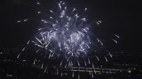 Exploding Fireworks Over Dark Sky Around Sydney Harbour And City In Australia Video stock 302525935