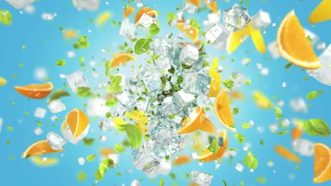 Exploding frosted ice cube with fruits and leafs in 4K Stock Footage 114608889