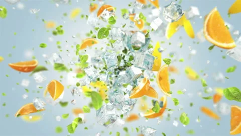 Exploding frosted ice cube with fruits and leafs in 4K Stock Footage 114609840