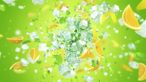Exploding frosted ice cube with fruits and leafs in 4K 스톡 동영상 114616612