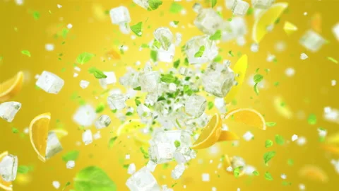 Exploding frosted ice cube with fruits and leafs in 4K 스톡 동영상 114616620
