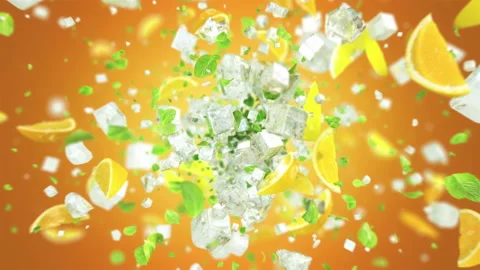 Exploding frosted ice cube with fruits and leafs in 4K Stock Footage 114616706