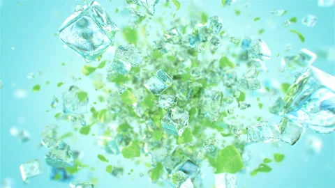 Exploding frosted ice cube with mint leafs in 4K Stock Footage 114701233