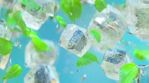 Exploding frosted ice cubes with mint leaves in 4K Slow motion Stock Footage 147496741