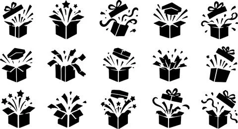 Exploding gift box silhouettes with confetti and stars for festive celebrat.. Stock Illustration