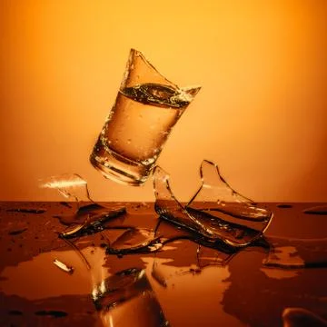 Exploding Glass cup with water shattering over orange background. Foto stock