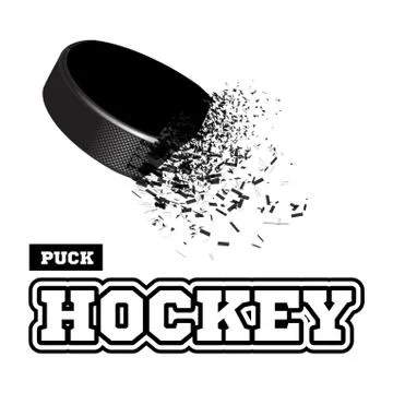 Exploding hockey puck with flying particles on a white background. Vector Illustrazione stock