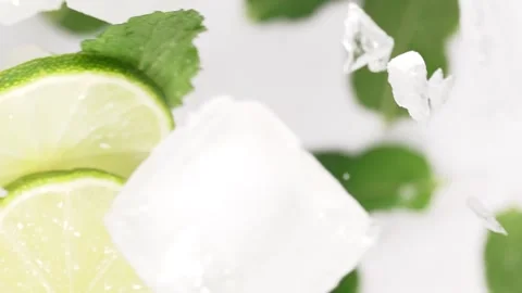 Exploding ice cubes, slices of lime and mint leaves. Stock Footage 310545573
