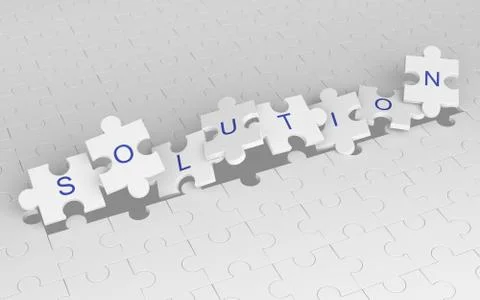 Exploding jigsaw puzzle pieces with solution word. White pattern background,  Stock Photos