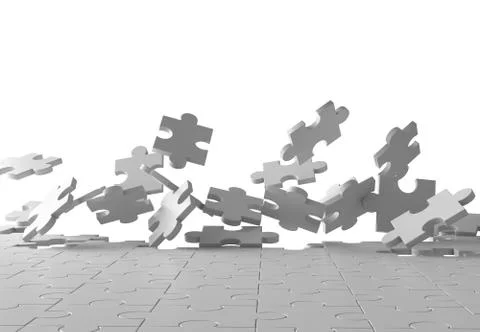 Exploding jigsaw puzzle on white background. Breaking the floor. 3d illustrat Stock Photos