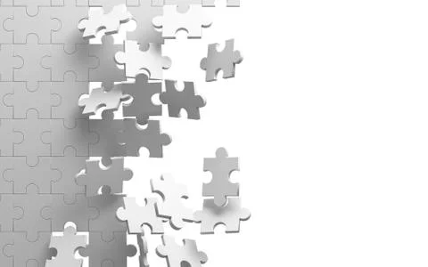 Exploding jigsaw puzzle on white background. Breaking the wall. 3d illustrati Stock Photos