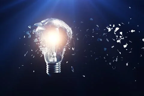 Exploding light bulb on a blue background, with concept creative thinking and Illustrazione stock