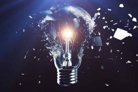 Exploding light bulb on a blue background, with concept creative thinking and Stock Illustration
