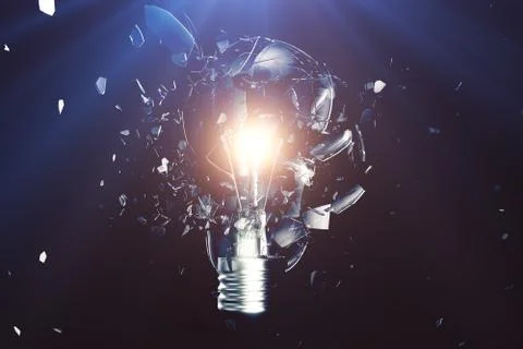 Exploding light bulb on a blue background, with concept creative thinking and Stock Illustration