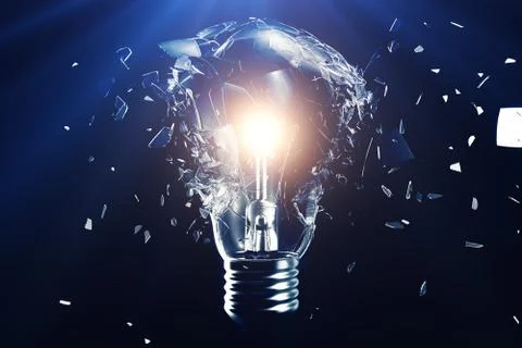 Exploding light bulb on a blue background, with concept creative thinking and Stock Illustration