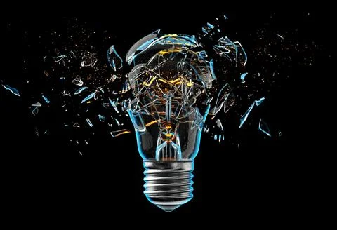 Exploding light bulb on a blue background, Illustrazione stock