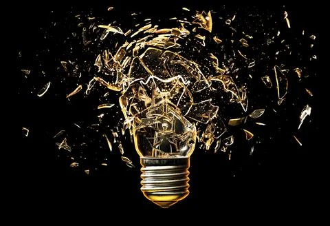 Exploding light bulb on a blue background, Stock Illustration