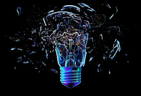 Exploding light bulb on a blue background, Stock Illustration