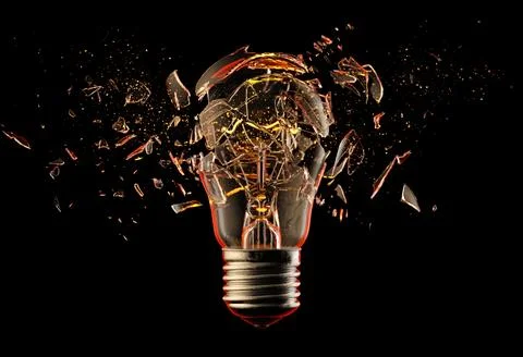 Exploding light bulb on a blue background, Illustrazione stock