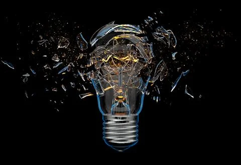 Exploding light bulb on a blue background, Stock Illustration