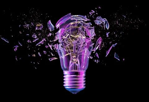 Exploding light bulb on a blue background, Stock Illustration
