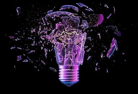 Exploding light bulb on a blue background, Stock Illustration