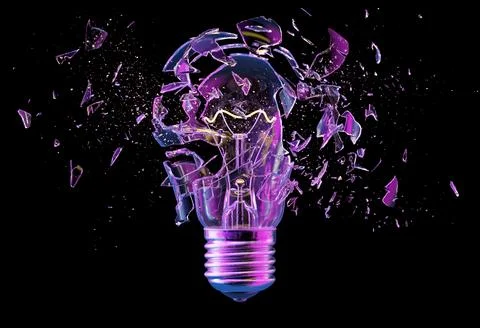 Exploding light bulb on a blue background, Stock Illustration