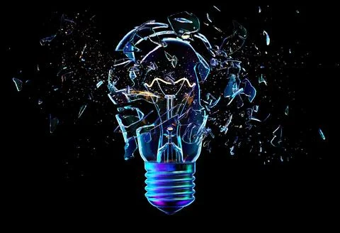Exploding light bulb on a blue background, Illustrazione stock