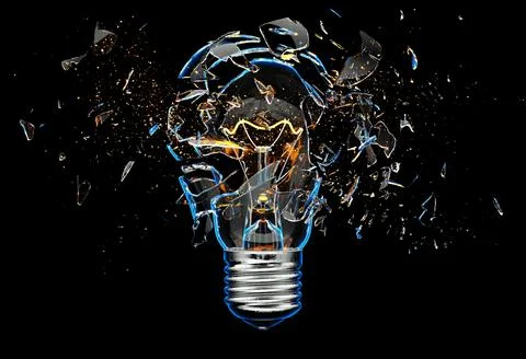 Exploding light bulb on a blue background, Illustrazione stock