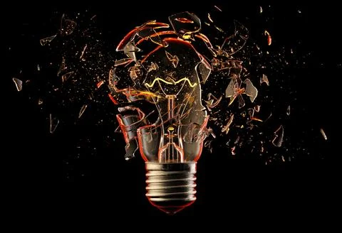 Exploding light bulb on a blue background, Stock Illustration