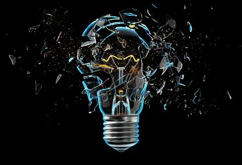 Exploding light bulb on a blue background, Illustrazione stock
