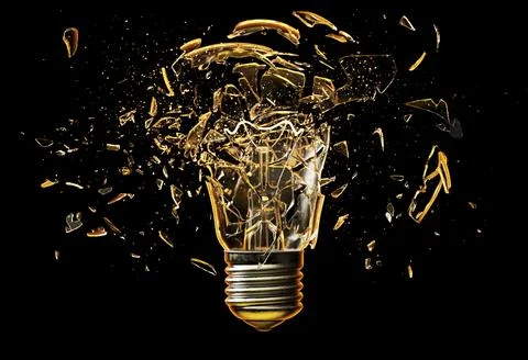 Exploding light bulb on a blue background, Stock Illustration