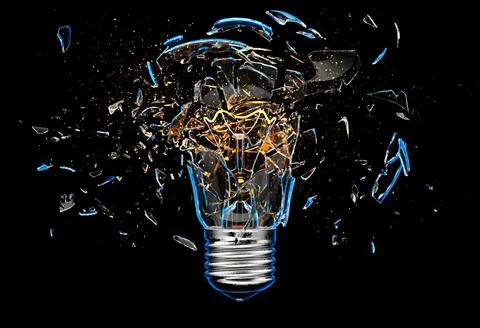 Exploding light bulb on a blue background, Stock Illustration