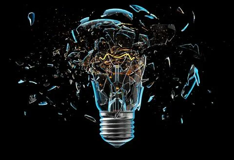 Exploding light bulb on a blue background, Stock Illustration