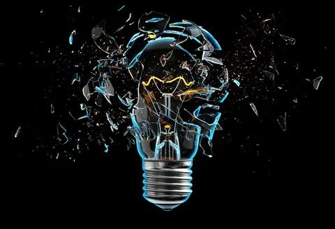 Exploding light bulb on a blue background, Illustrazione stock